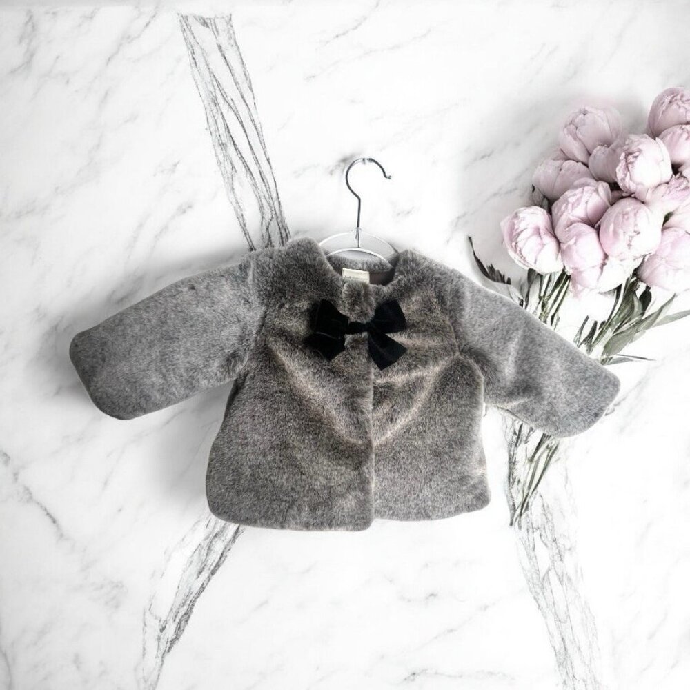 Fancy Baby First Impressions BABY GIRLS Sable Gray FAUX-FUR COAT (6-9months) Bow